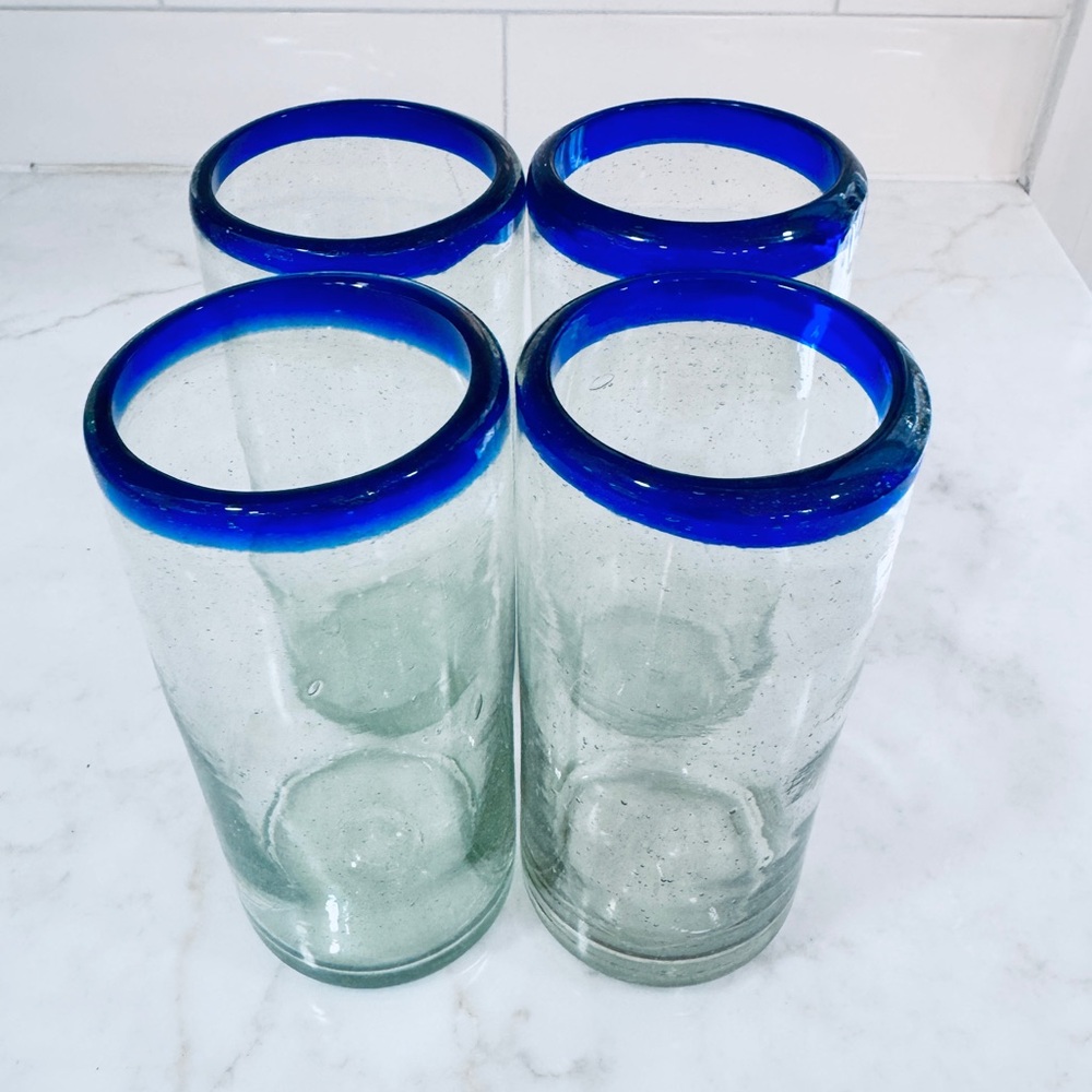 Set of 4 Blue Rimmed Glass Tumblers